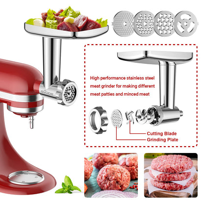 Stainless Steel Meat Grinder Attachment for KitchenAid Stand Mixer, Food Grinder attachment with 4 Grinding Plates, 3 Sausage Stuffer Tubes, 2 Grinding Blades, Mixers Accessories for Kitchen Aid