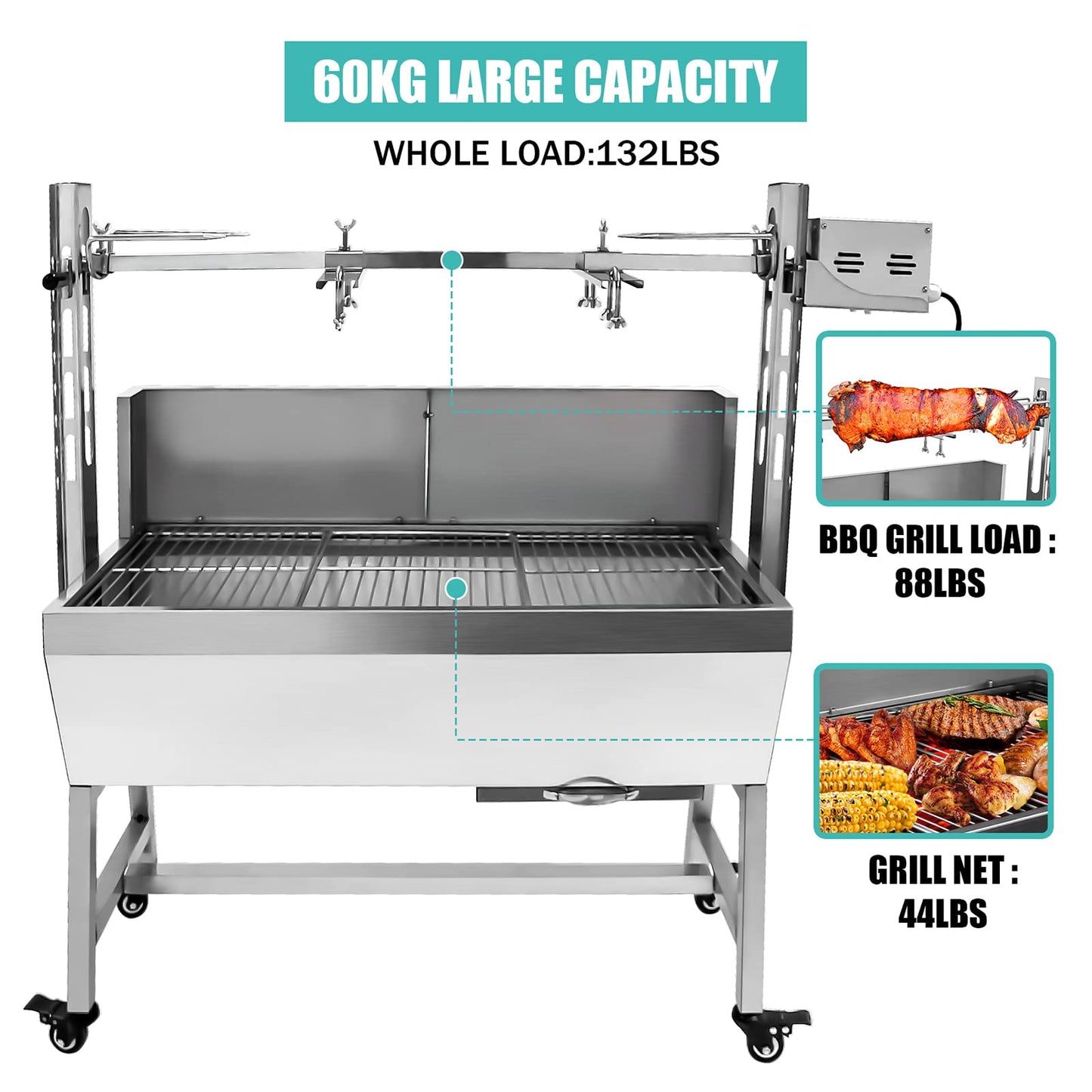 Migoda Stainless Steel Rotisserie Grill with Back Cover Guard, 25W Motor Small Pig Lamb Roaster, 37'' 2 in 1 BBQ Charcoal Rotisserie Grill for Camping Outdoor Kitchen