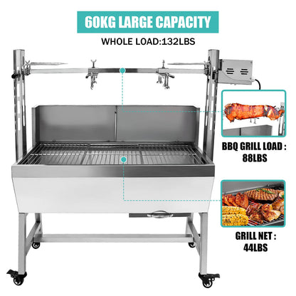 Migoda Stainless Steel Rotisserie Grill with Back Cover Guard, 25W Motor Small Pig Lamb Roaster, 37'' 2 in 1 BBQ Charcoal Rotisserie Grill for Camping Outdoor Kitchen