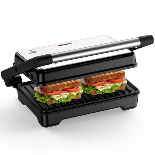 YASHE Panini Grill Press, 1200 W Sandwich Maker, Panini Maker with Non-Stick Coated Cast Aluminum Plates, Fits 2 Slices of Bread, 180-Degree Opening, Easy to Clean,Versatile Use