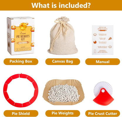 2.2 LB Pie Weights with Pie Crust Shield and Pie Crust Cutter – All In One Baking Supplies Kit with Ceramic Beads – Durable Food-Grade Baking Tools Ideal for Pies, Tarts, Cakes, White