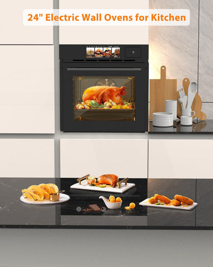 24" Single Wall Oven, 2.5 Cu.Ft Built-In Electric Wall Oven with Steam & Grill, 8 Cooking Modes, 108 Automatic Recipes, Air Frying, 3D Surround Heating Convection Wall Oven, 3000W, Tft Display Control