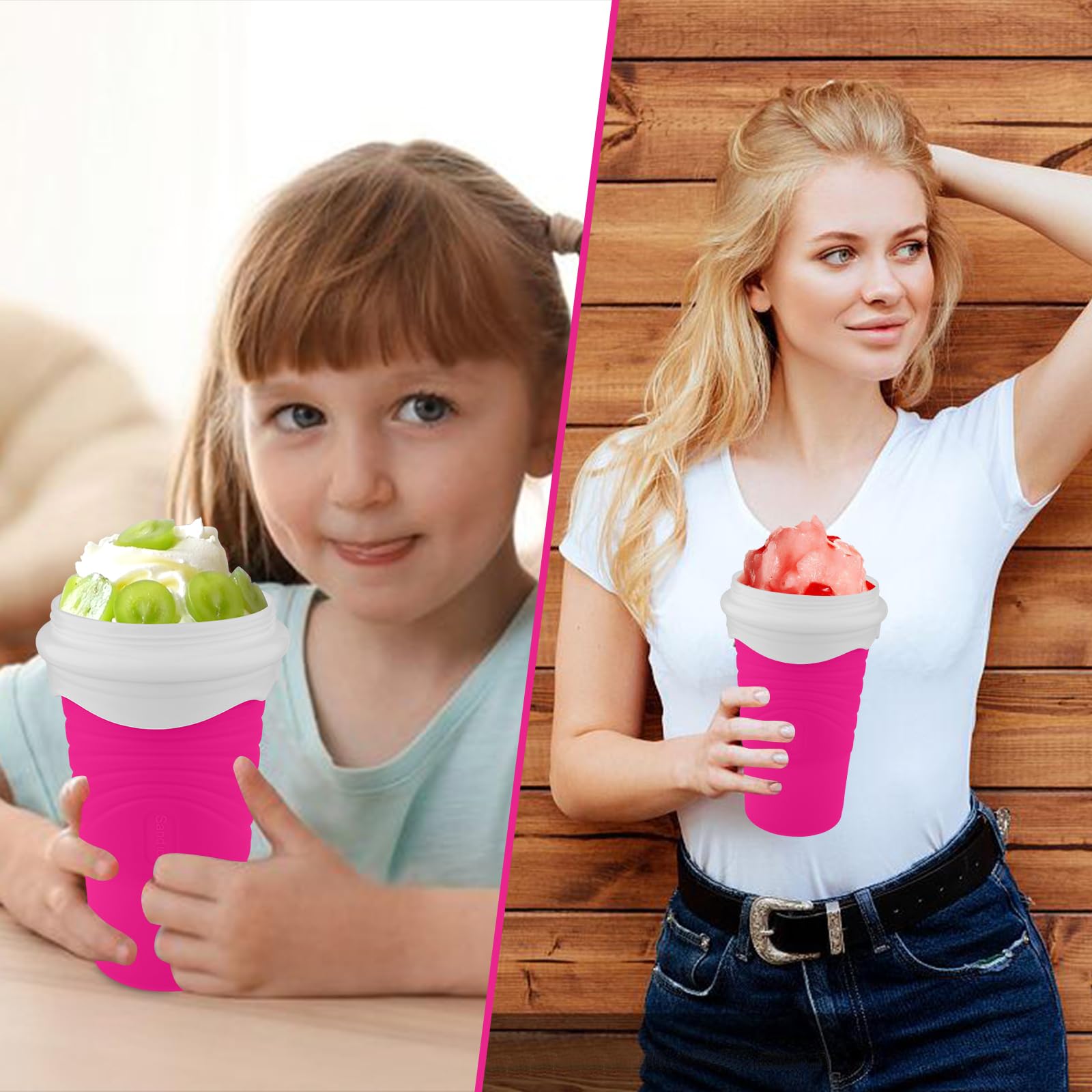 Slushie Maker Cup, DIY Magic Slushy Maker Squeeze Cup, Portable Smoothie Squeeze Cup for Juices, Milk and Ice Cream Make, Double Layers Silica Cup with Lid & Straw for Friends, Family Gifts (Pink)