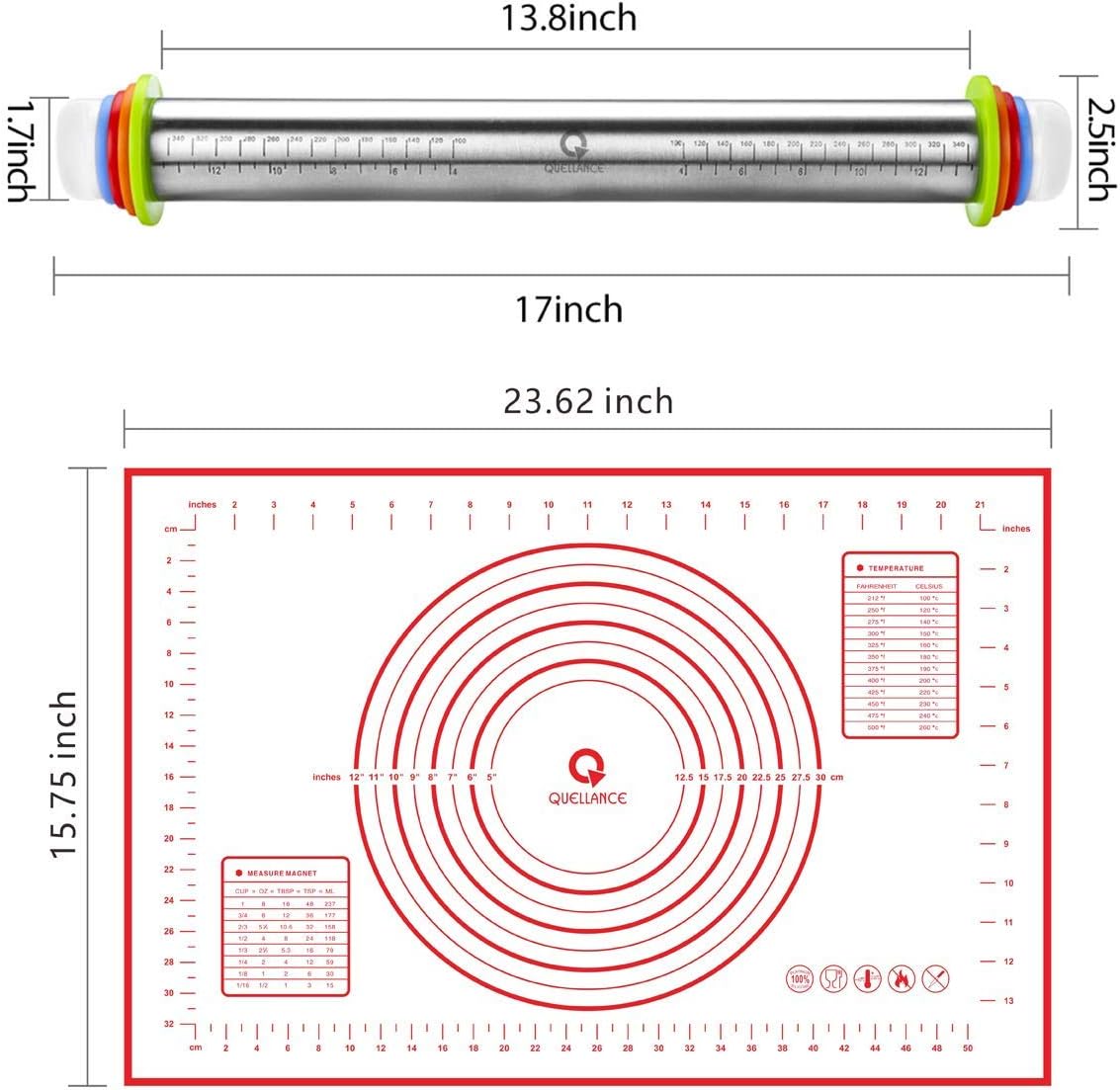 Rolling Pin and Pastry Baking Mat Set, Rolling Pins with Adjustable Thickness Rings, Stainless Steel Dough Roller for Baking Fondant, Pizza, Pie, Pastry, Pasta, Cookies (Red Mat)