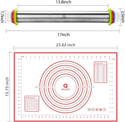 Rolling Pin and Pastry Baking Mat Set, Rolling Pins with Adjustable Thickness Rings, Stainless Steel Dough Roller for Baking Fondant, Pizza, Pie, Pastry, Pasta, Cookies (Red Mat)