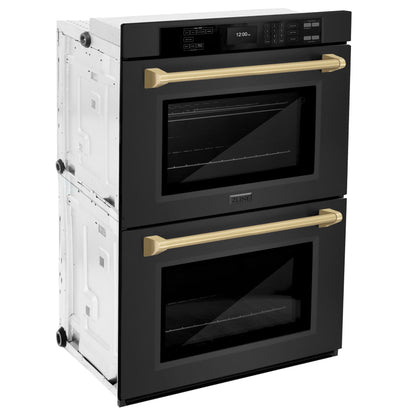 ZLINE 30 in. Autograph Edition Professional True Convection Double Wall Oven with Air Fry and Self Clean in Black Stainless Steel with Champagne Bronze Handles (WADBZ-30-CB)