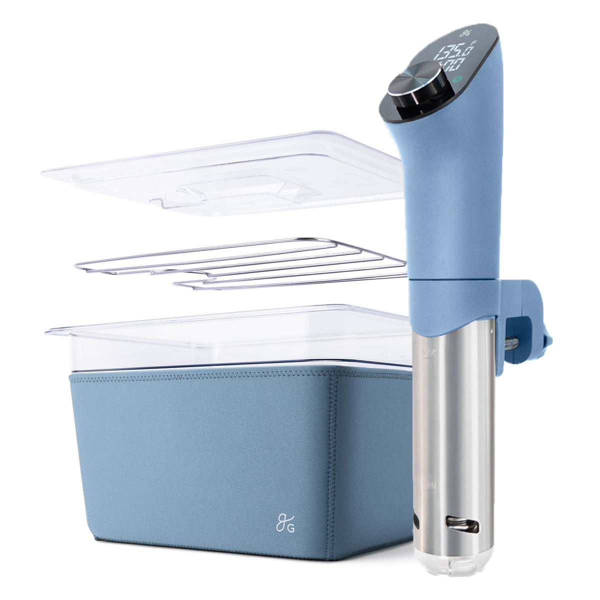Zestaw Greater Goods Pro Sous Vide – 1100-watowy, wydajny, precyzyjny garnek do gotowania Sous Vide i wysokiej jakości plastikowy pojemnik z rusztem do gotowania Sous Vide, pokrywką i rękawem, zaprojektowany w St. Louis, (kamienny niebieski)