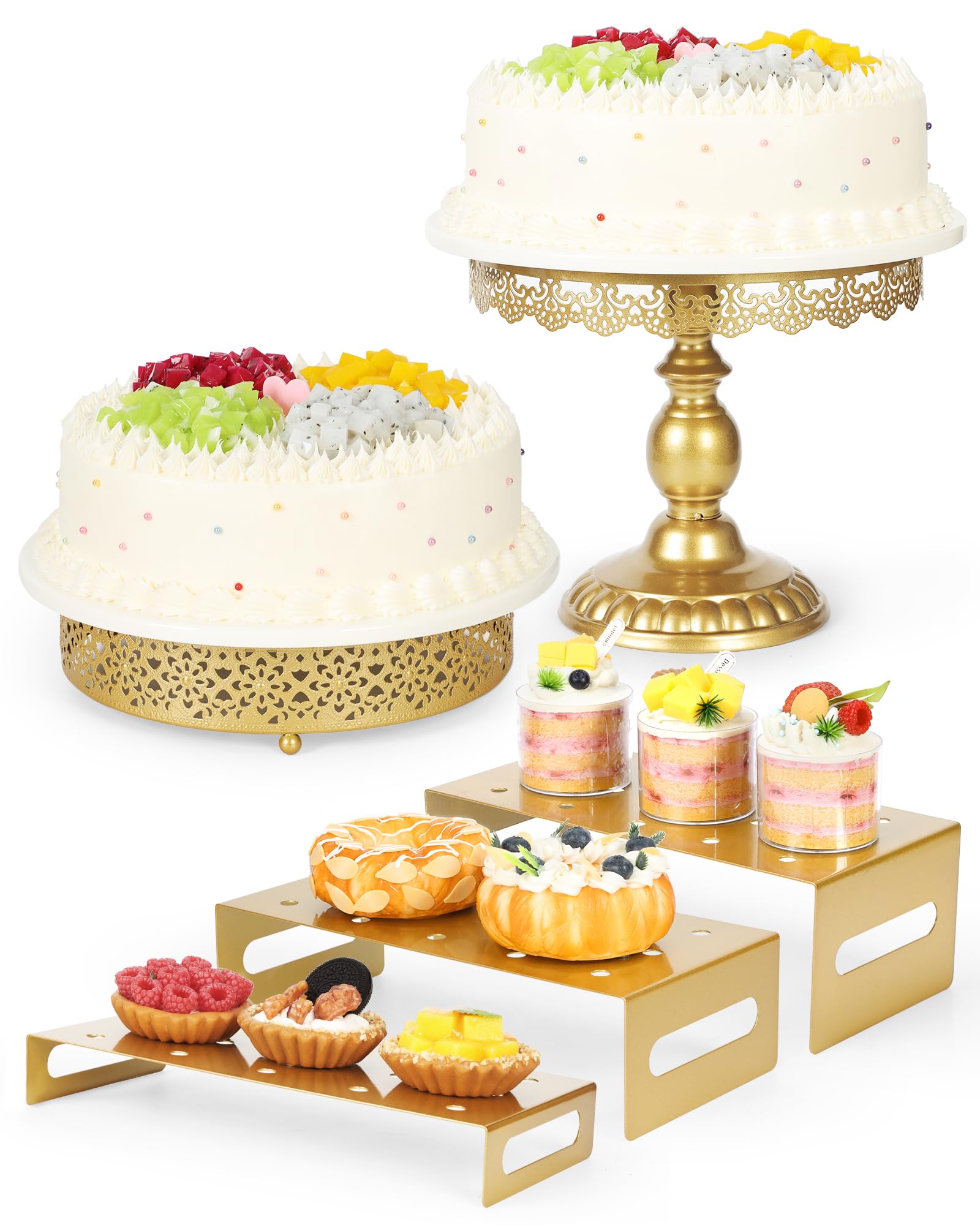 ZUMELER Gold 5Pcs Cake Stands Set Metal Round Cupcake Holder Cookies Dessert Display Plate Serving Tower Tray Platter with Handl for Baby Shower Wedding Birthday Party Celebration