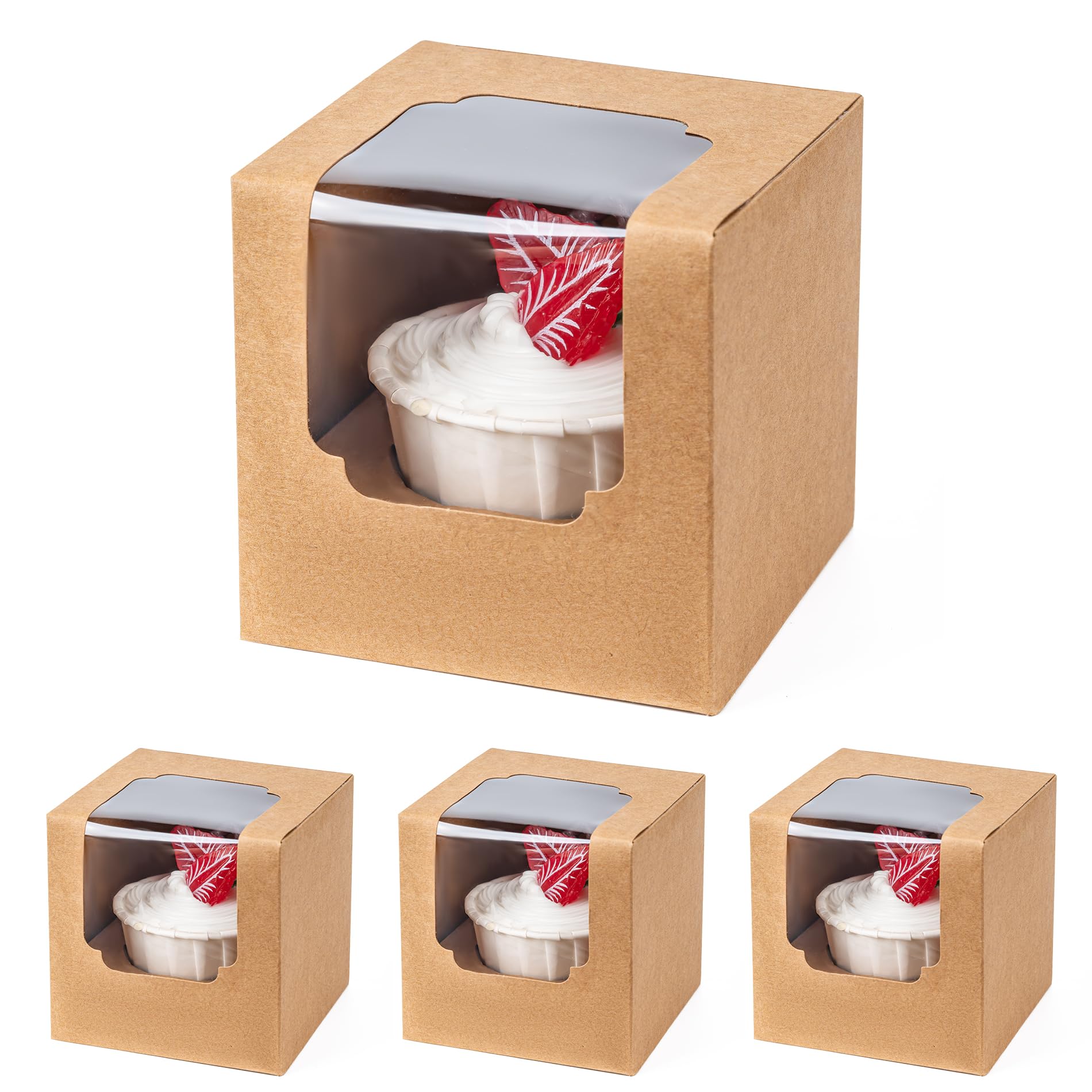 BOOMIBOO 50 Pack Individual Cupcake Containers, Cupcake Boxes with Window, Food Grade Cupcake Holders with Inserts, Stackable Deep Cupcake Carrier (White)