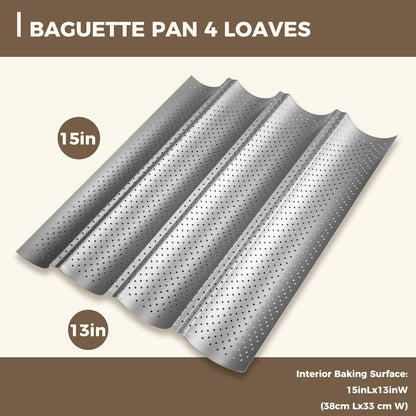KITESSENSU Nonstick Baguette Pans for French Bread Baking, Perforated 4 Loaves Baguettes Bakery Tray, 15" x 13", Silver