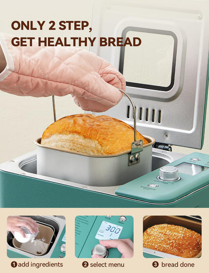 Neretva 20-IN-1 Bread Maker, Dual Heater 2LB Bread Machine Nonstick Ceramic Pan Bread Maker Machine All Metal Compact for Gluten Free/Dough Maker/Dried Meat Floss/Jam/Yogurt, Breadmaker Recipe-Green