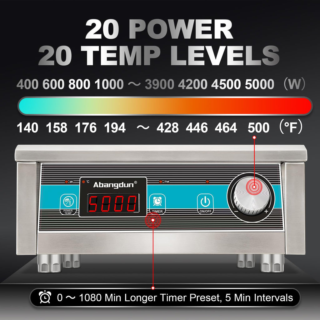 Płyta indukcyjna Abangdun Commercial 5000 W/190 V~275 V, palniki do kuchni komercyjnych, ogrzewanie bez cyrkulacji przy niskiej mocy, 18-godzinny timer, płyta grzewcza do kuchni
