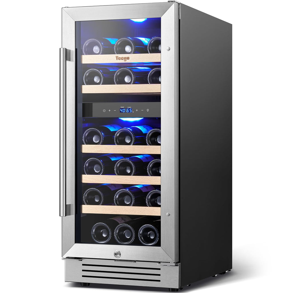 Yeego Wine Fridge Cooler - 15 Inch Dual Zone Wine Fridge Hold 28 Bottles, 40-65°F Wine Refrigerator Glass Door, Built in, Freestanding Under Counter Fridge Lockable for Beer Soda Drink Home Bar Office