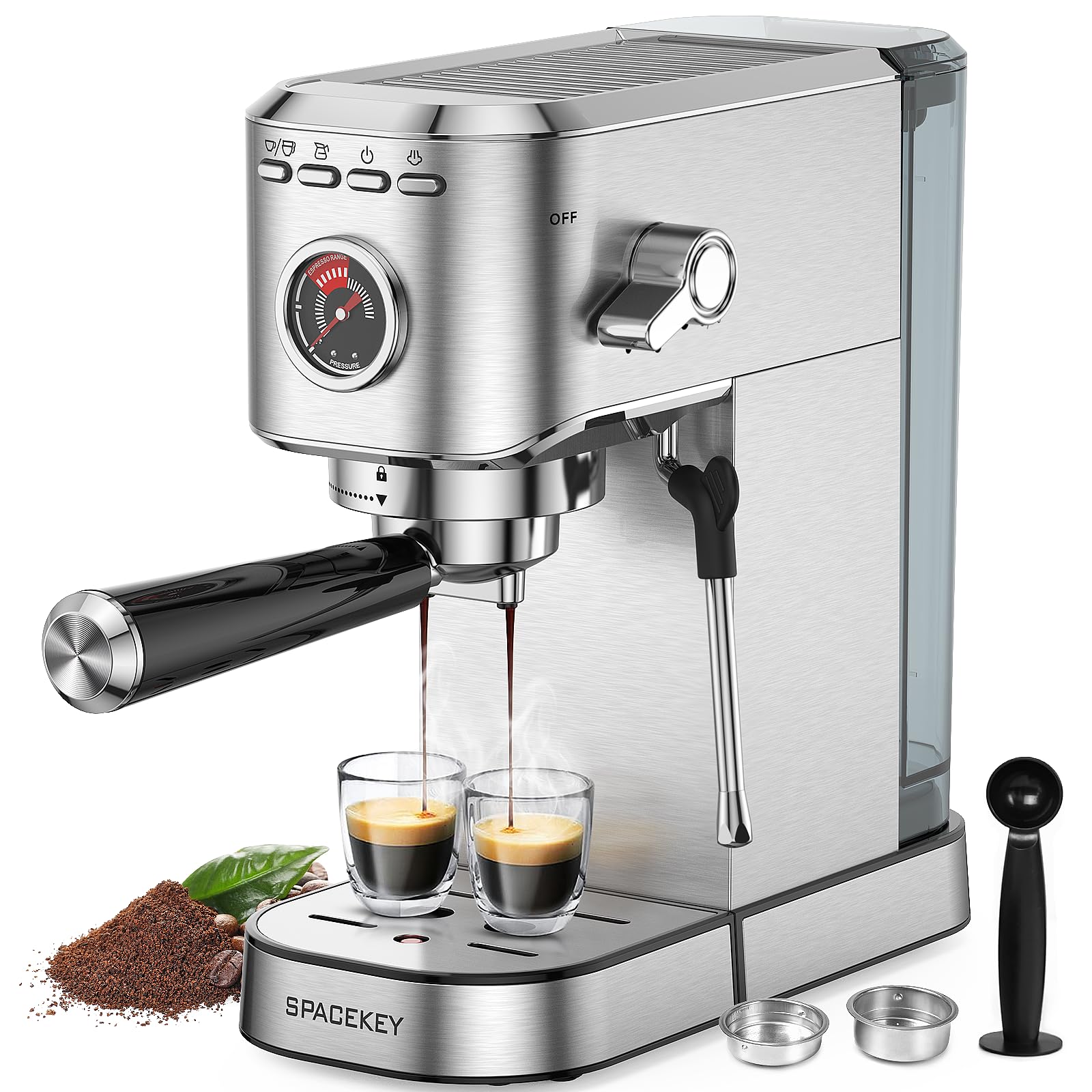 Ekspres do kawy Spacekey 20 barów, profesjonalny ekspres do kawy o mocy 1350 W ze spieniaczem do mleka, kompaktowy ekspres do cappuccino, latte i americano ze stali nierdzewnej z wyjmowanym zbiornikiem na wodę o pojemności 39 uncji, srebrny