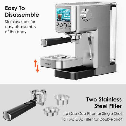 SOWTECH Espresso Machine 20 Bar,Professional Espresso Maker with Milk Frother,Expresso Coffee Machine with 42 oz Removable Water Tank,Stainless Steel,Silver