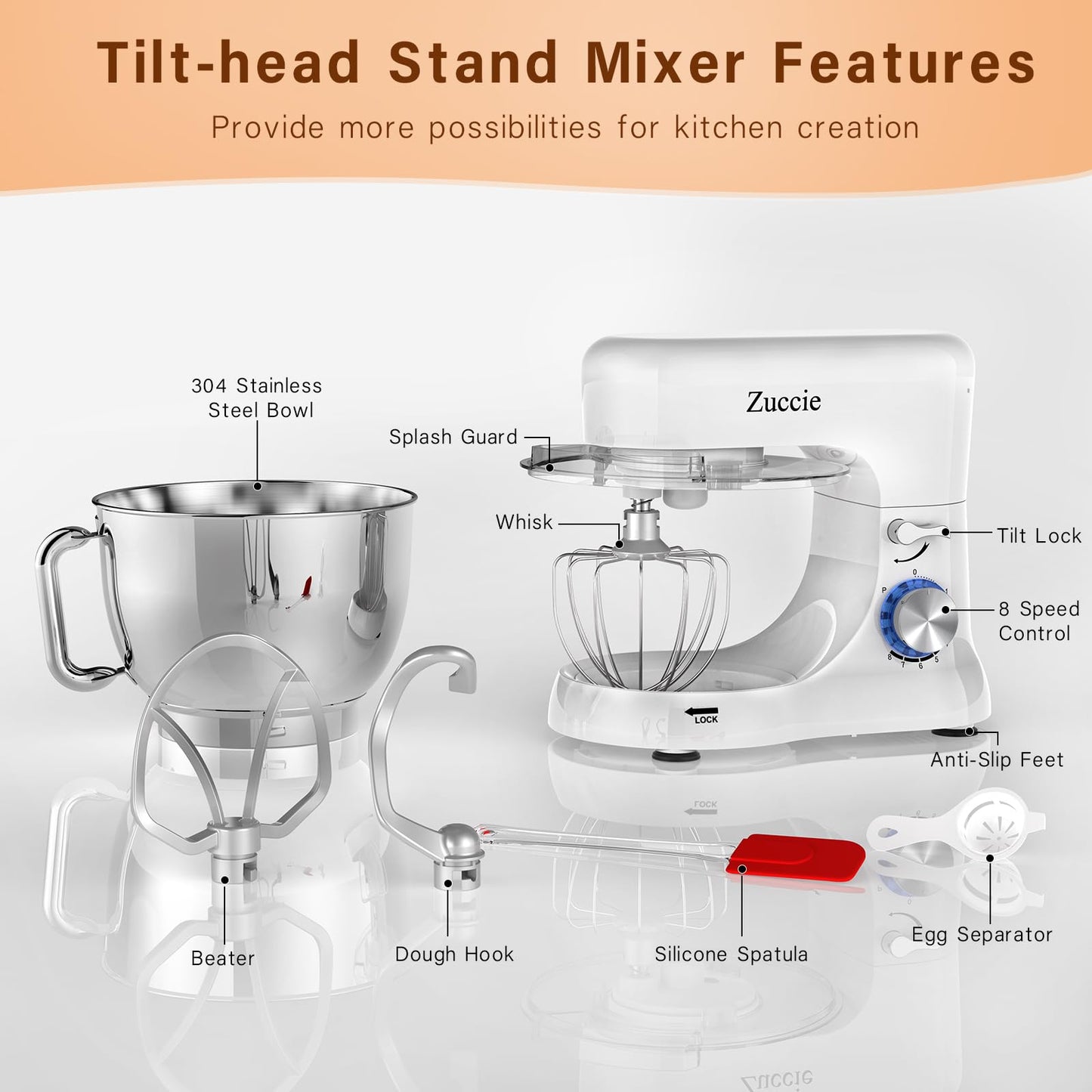 Stand Mixer, Zuccie 4.8QT Kitchen Electric Stand Mixer, 380W Motor Power Food Mixer, 8+P-Speed Dough Mixer with Dough Hook, Wire Whip & Beater, White