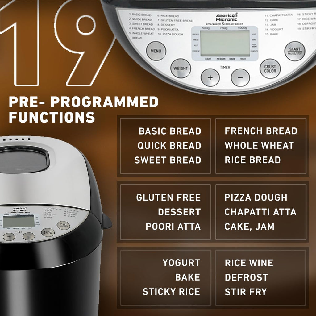 AMERICAN MIKRONIC - Maszyna do pieczenia chleba z 19 wstępnie zaprogramowanymi menu, w tym bezglutenowe, 3 kolory skórki, wyświetlacz LCD i mocą 550 W, blat ze stali nierdzewnej - model AMI-BM3-550WDx (czarny i stalowy)