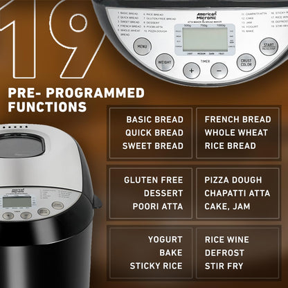 AMERICAN MICRONIC- Bread Maker with 19 Pre-Programmed Menus including Gluten free, 3 Crust Colors, LCD Display, and 550W Power, Stainless Steel top- Model AMI-BM3-550WDx (Black & Steel)