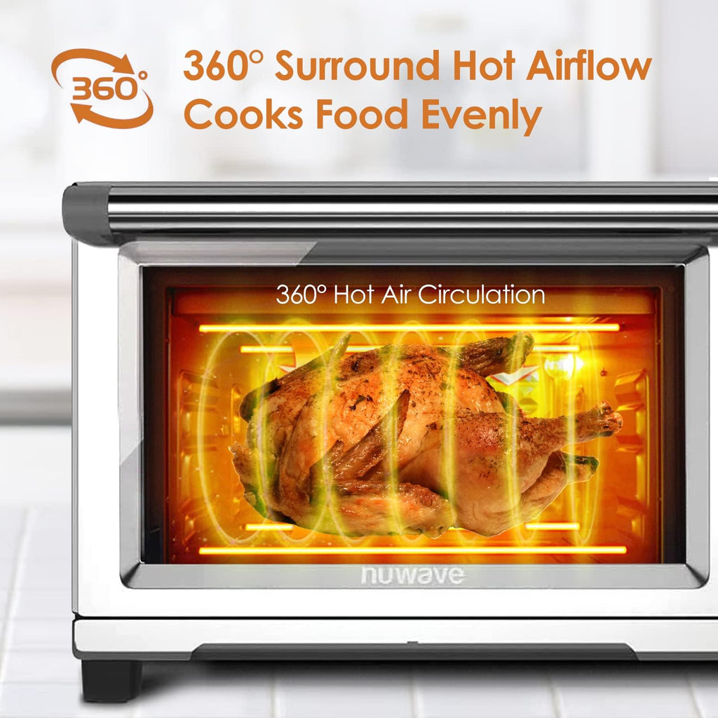Nuwave Bravo XL Air Fryer Toaster Smart Oven, 12 w 1, kombinacja grilla/płyty do pieczenia, pojemność 30 qt XL, 50°F-500°F regulowana w precyzyjnych odstępach co 5°F, zintegrowany inteligentny termometr, technologia Linear T