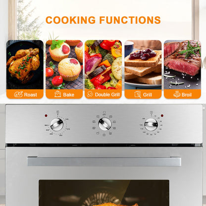 24 Inch Electric Oven, Built-in Single Wall Oven GASLAND ES609MSN, 240V 3200W 2.3Cu.ft Convection Oven with Rotisserie, 9 Cooking Modes, Mechanical Knob Control, Transparent Window, Stainless