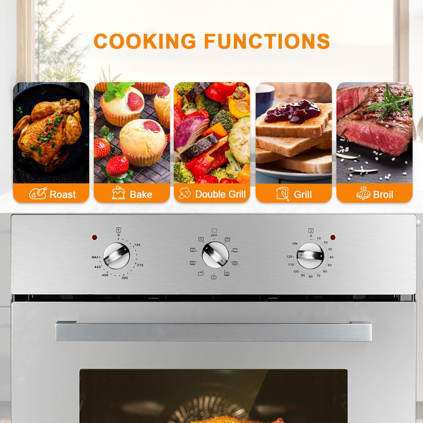 Electric Wall Ovens 24 Inch, GASLAND ES609MS Built-in Electric Wall Oven, 240V 3200W 2.3Cu.ft Convection Oven with Rotisserie, 9 Cooking Modes, Mechanical Knob Control, Stainless Steel