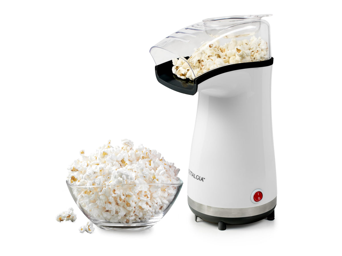 Nostalgia 16 Cup Hot Air Popcorn Maker | Przyrządza gorący, zdrowy popcorn, bez oleju | W zestawie miarka do ziaren | Stal nierdzewna | Biały