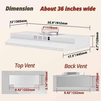 FIREGAS Range Hood 36 inch Under Cabinet, Ducted/Ductless Convertible Kitchen Hood, White Painted Stainless Steel Vent Hood with LED Light,2 Speed Exhaust Fan