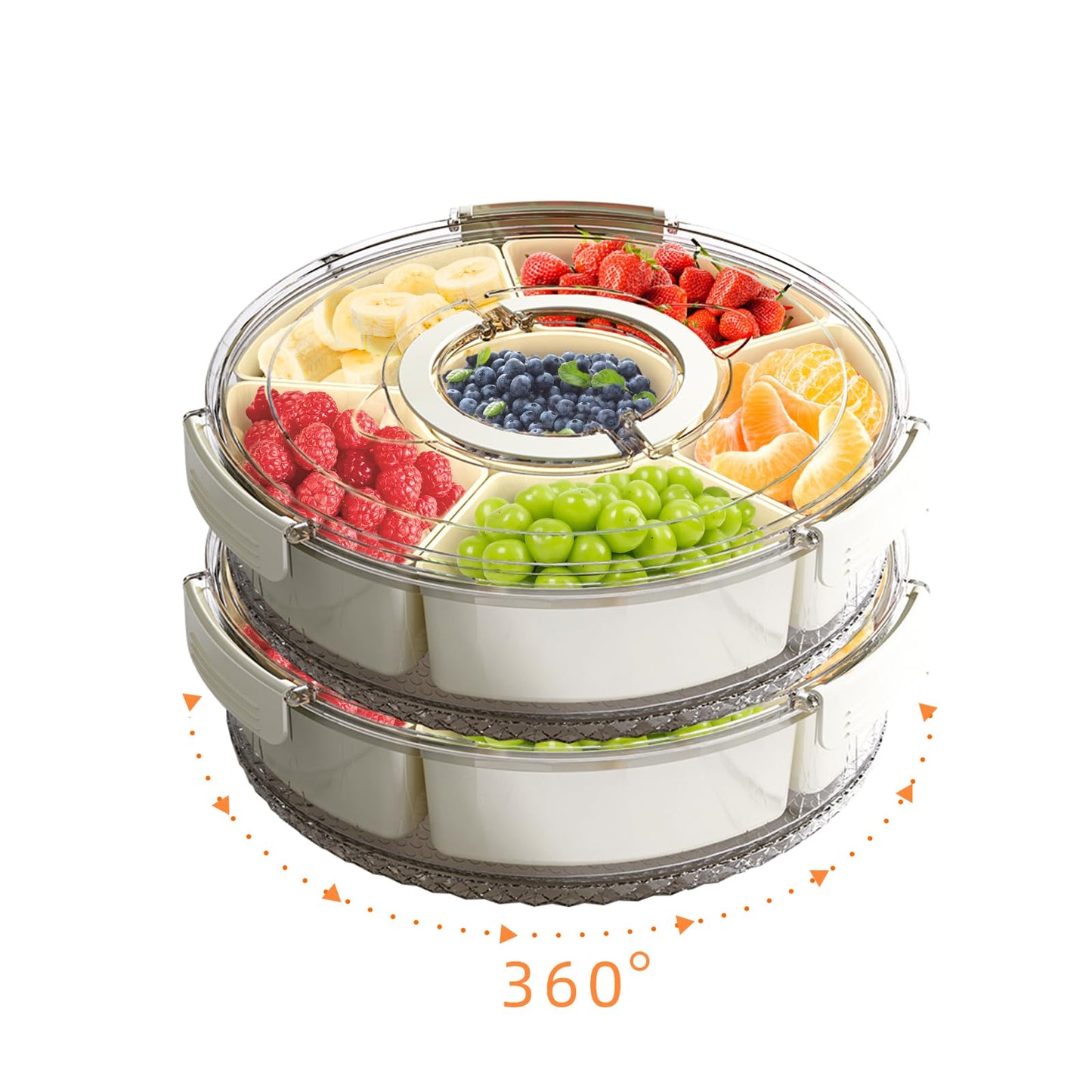 Divided Serving Tray with Lid and Handle, Stackable Snackle Box Container for Fruits Candy Organizer, Portable Spinning Rounded Veggie Tray for Kitchen, Party, Trave and Picnic-1 Pack