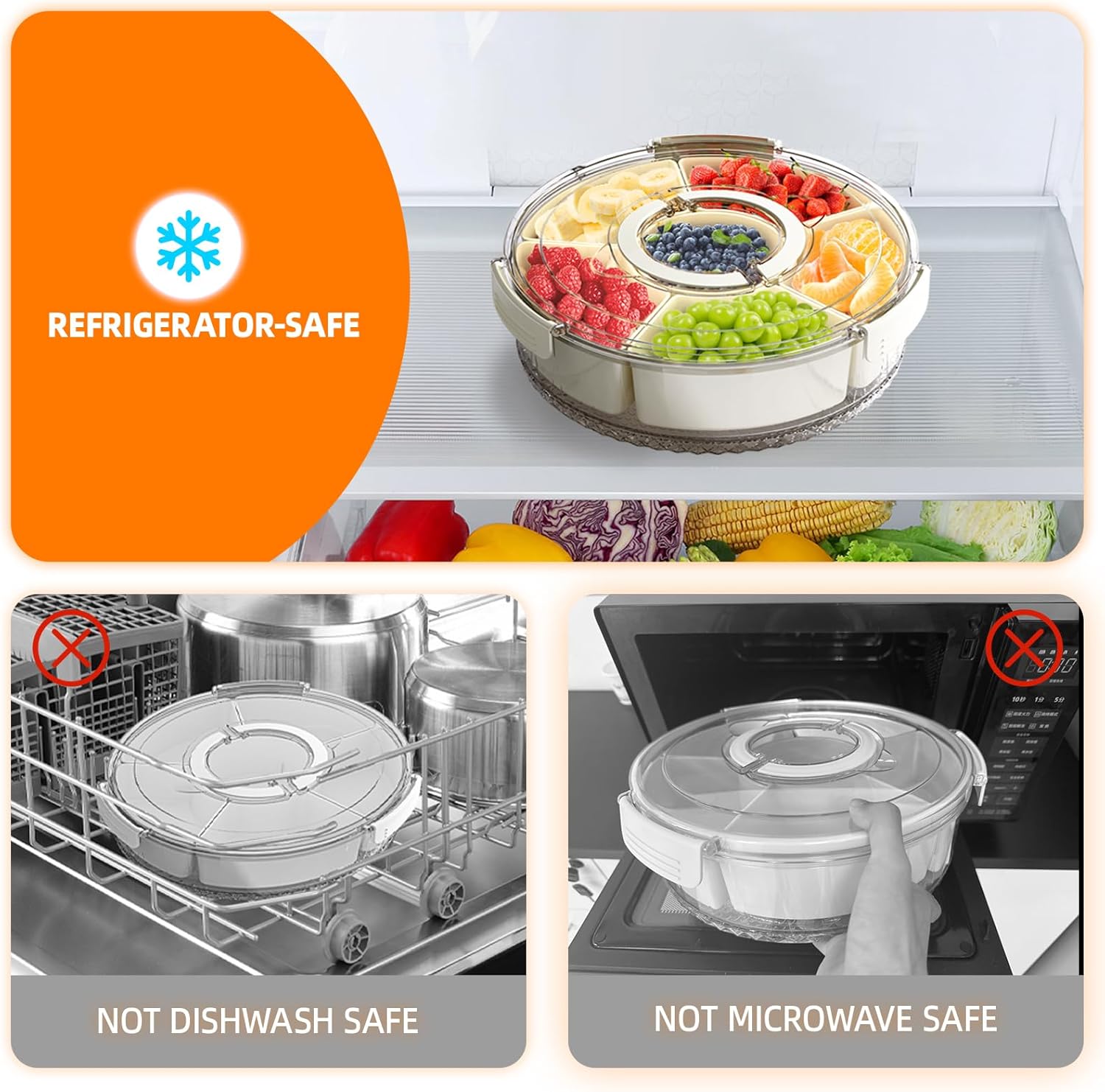 Divided Serving Tray with Lid and Handle, Stackable Snackle Box Container for Fruits Candy Organizer, Portable Spinning Rounded Veggie Tray for Kitchen, Party, Trave and Picnic-1 Pack