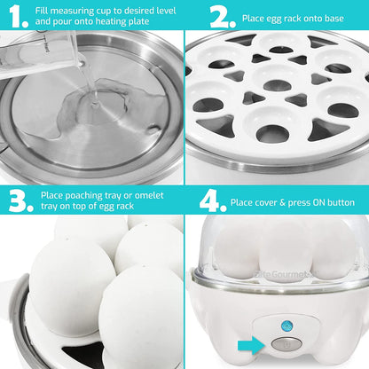 Elite Gourmet EGC-007## Rapid Egg Cooker, 7 Easy-To-Peel, Hard, Medium, Soft Boiled Eggs, Poacher, Omelet Maker, Auto Shut-Off, Alarm, 16-Recipe Booklet, White