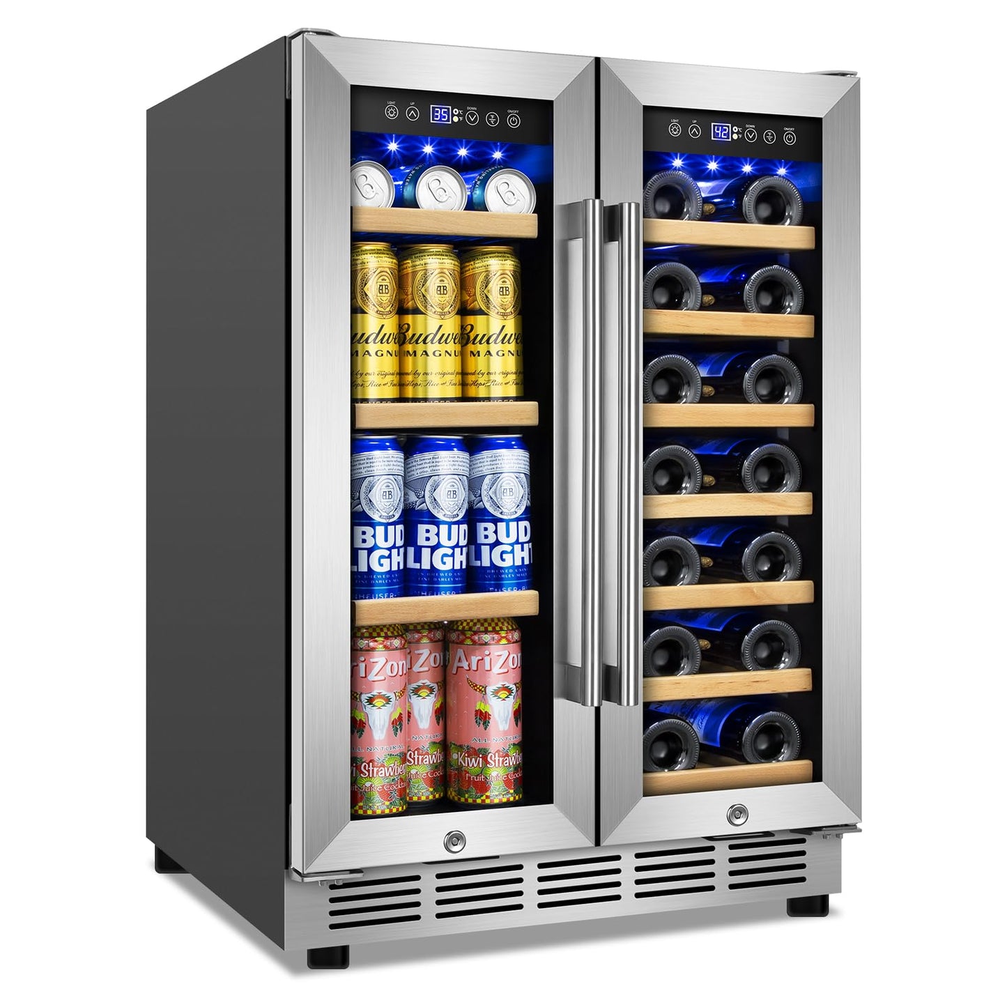 Wine and Beverage Refrigerator, 24 Inch Beverage Cooler Dual Zone with Glass Door, Built-in/Freestanding Beverage Fridge with Upgraded 20 Bottles and 60 Cans Large Capacity