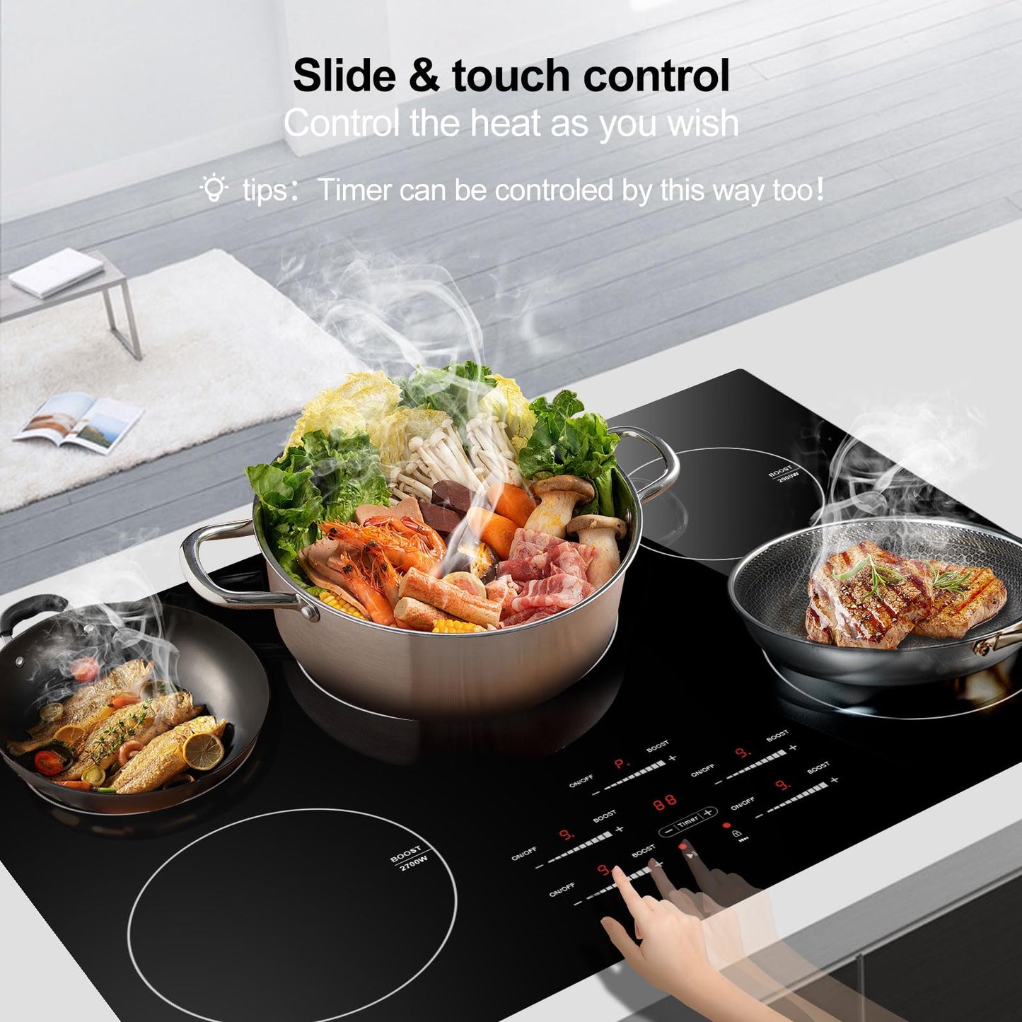 30 Inch10600W Induction Cooktop,AMZCHEF 9 Levels Electric Cooktop with 5 BOOST Burners,Bulid-in Induction Cooktop Control by Slide Touchscreen,Child Safety Lock,Independent Timer,No plug,240V