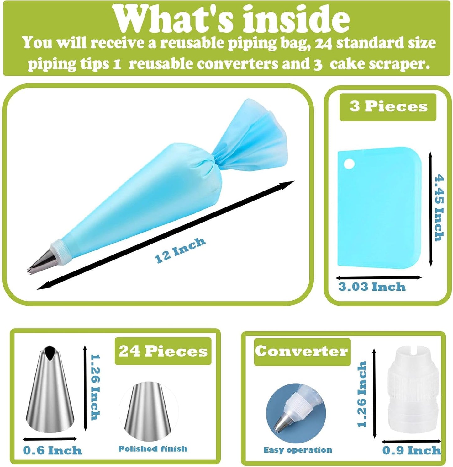 FANTEXY Piping Tips Set,29 Pieces Cake Decorating Supplies Kits with 24 Standard Piping Tips, 3 Scrapers,1 Converter,1 Reusable Pastry Bag, Stainless Steel Icing Nozzles for Cakes, Cupcakes, Cookies