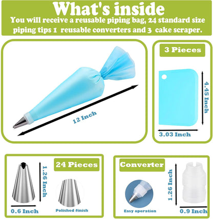 FANTEXY Piping Tips Set,29 Pieces Cake Decorating Supplies Kits with 24 Standard Piping Tips, 3 Scrapers,1 Converter,1 Reusable Pastry Bag, Stainless Steel Icing Nozzles for Cakes, Cupcakes, Cookies