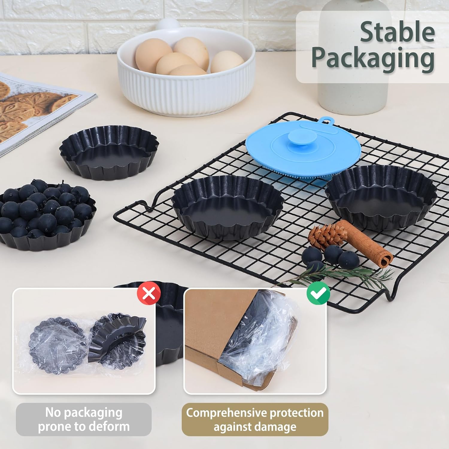 Mini Tart Pans with Removable Bottom 4 inch Set of 10, Non-stick Round Quiche Pan Heavy Duty Carbon Steel for Mousse Cakes, Christmas Dessert Baking with Silicone Scrubber