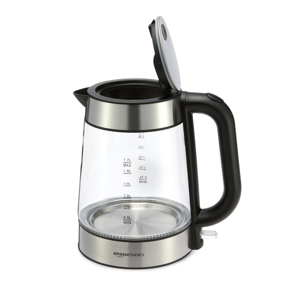 Czajnik elektryczny Amazon Basics Glass Carafe, 1,8 kwarty (1,7 l), 1500 W, bez BPA, czarny i srebrny