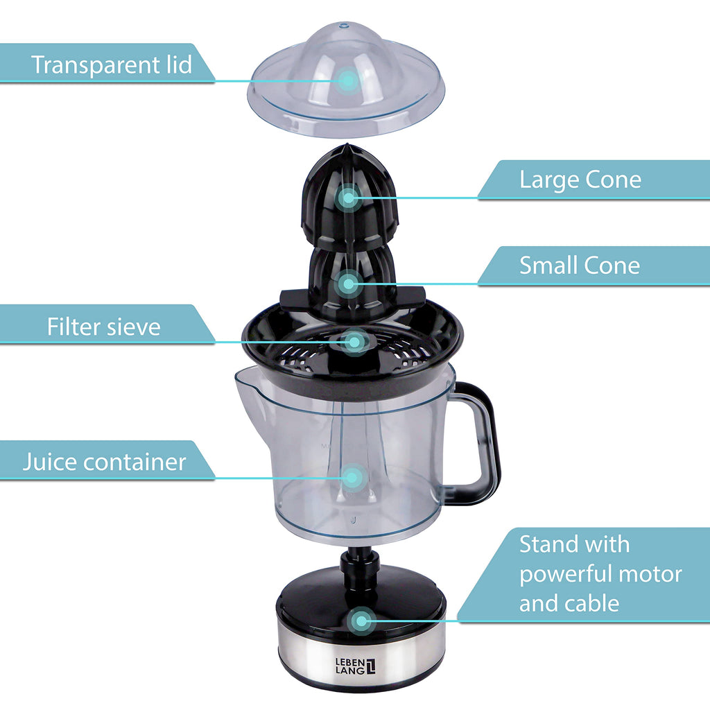 LEBENLANG – Electric juicer max juice yield | Citrus juicer + 2 cones 40W | Lemon, lime, orange, fresh fruit squeezer machine | Automatic lever press extractor | exprimidor de naranjas electrico