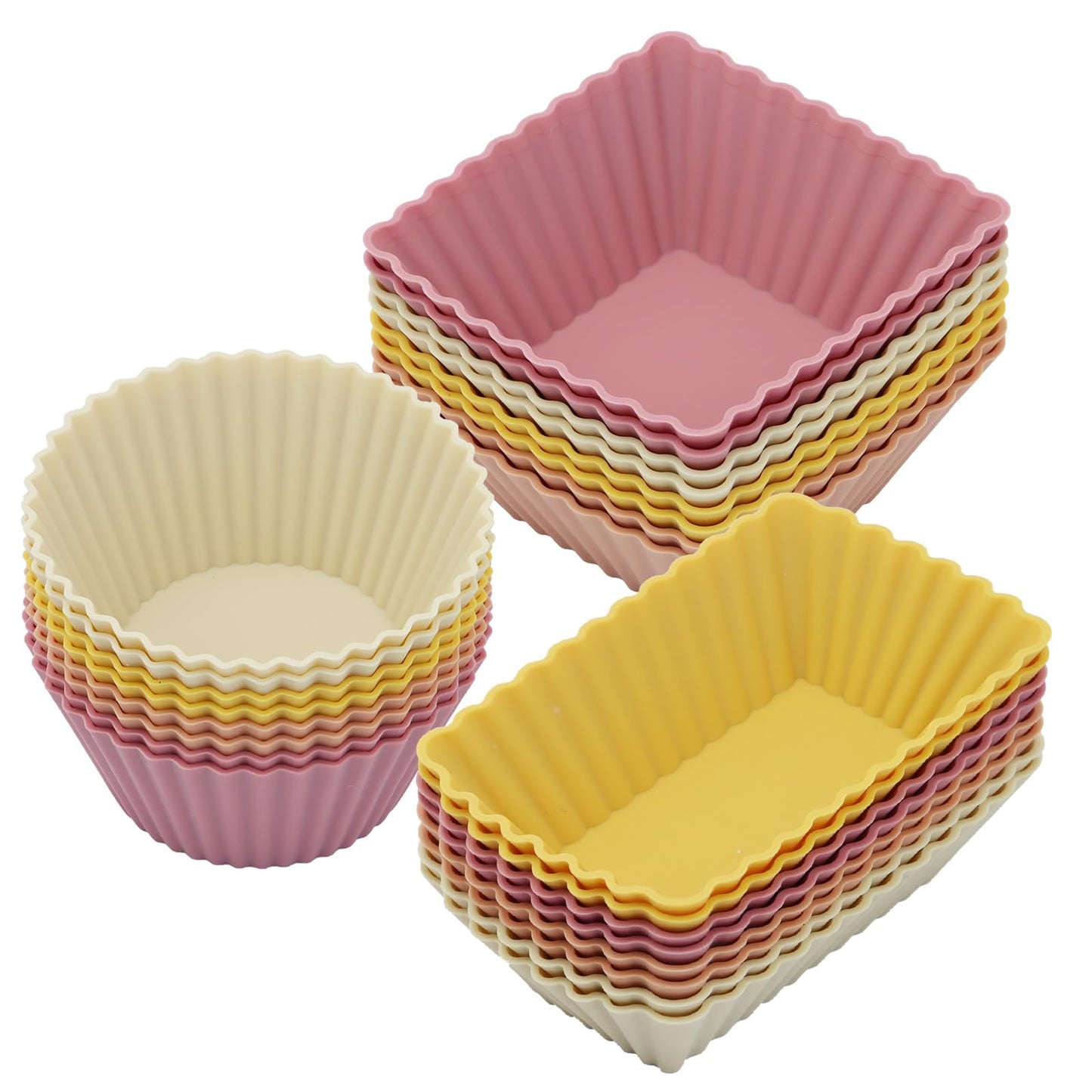 24Pack Silicone Muffin Cups, Reusable Cupcake Liners Molds for Baking, 3 Shapes Lunch Box Bento Dividers-Round, Square, and Rectangular (Neutral Colors, Regular Size)