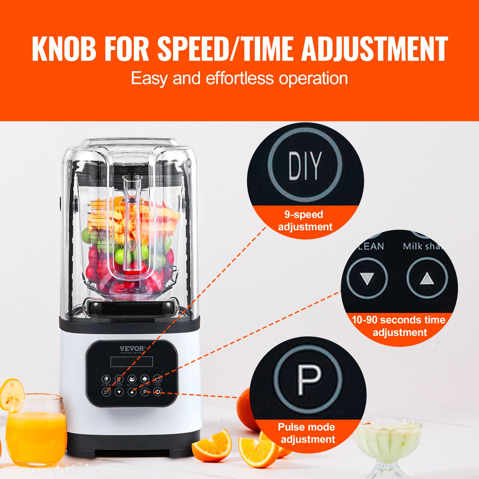 Blender VEVOR Professional z osłoną, Blendery do użytku komercyjnego, Blender kombinowany o pojemności 68 uncji, Blender ze stali nierdzewnej, 9 prędkości i 5 funkcji, do koktajli, smoothie, koktajli i kruszenia lodu, biały