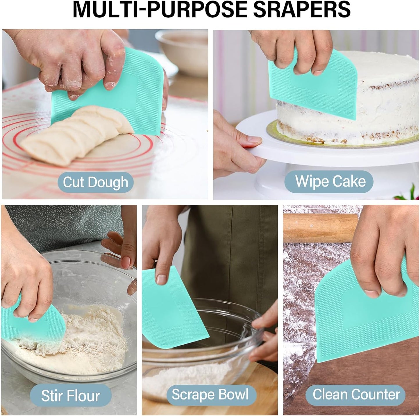 Bench Scraper, Premium Stainless Steel Dough Scraper with 2 PCS Flexible Bowl Scraper, Dough Cutter with Measuring Scale, Versatile Kitchen Scraper Set for Pastry Bread Pizza Cake