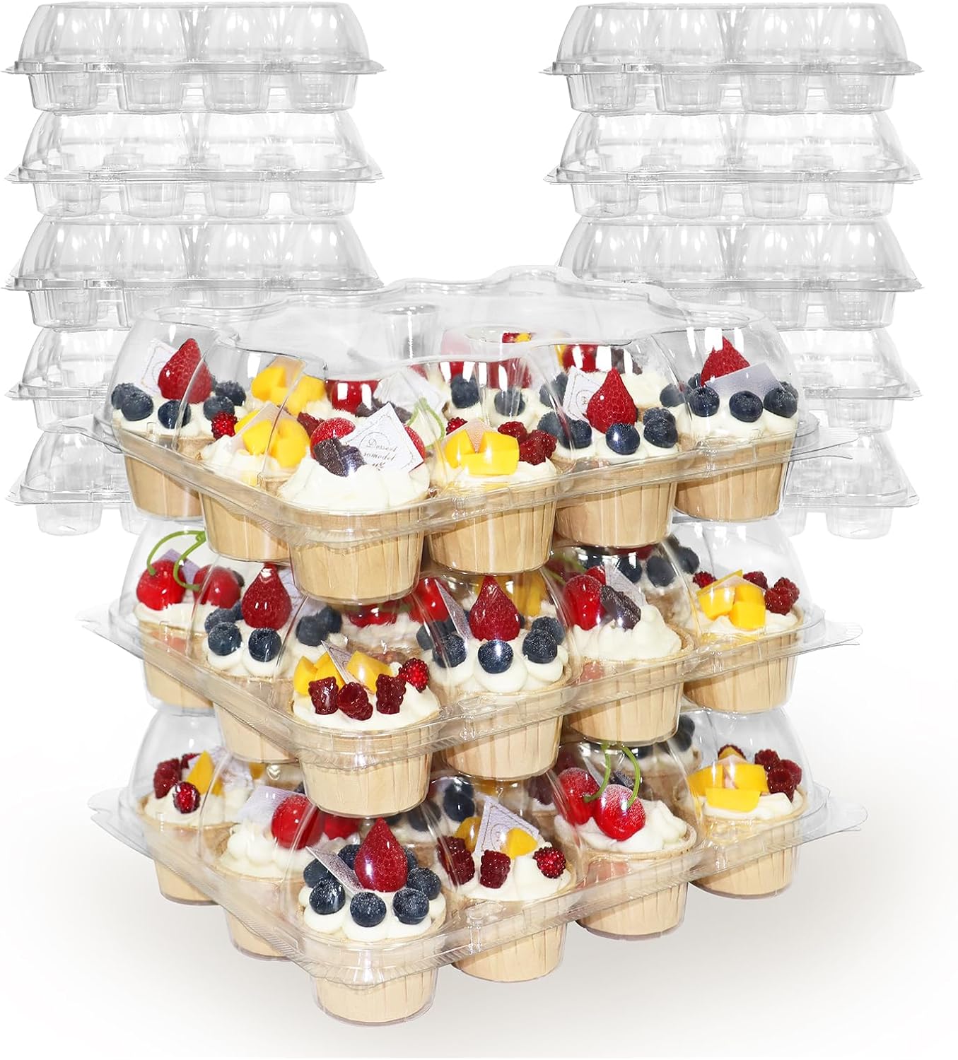 12 Count x 12 Sets Plastic Cupcake Containers, Durable and BPA-Free Cupcake Holder with Lid for Easy Transport Storage, Stackable Clear Cupcake Carriers, Reusable Dessert Boxes