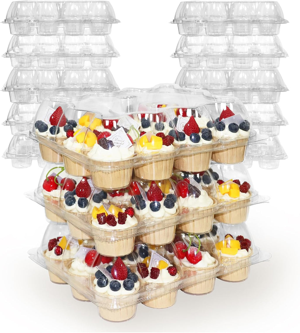 12 Count x 12 Sets Plastic Cupcake Containers, Durable and BPA-Free Cupcake Holder with Lid for Easy Transport Storage, Stackable Clear Cupcake Carriers, Reusable Dessert Boxes
