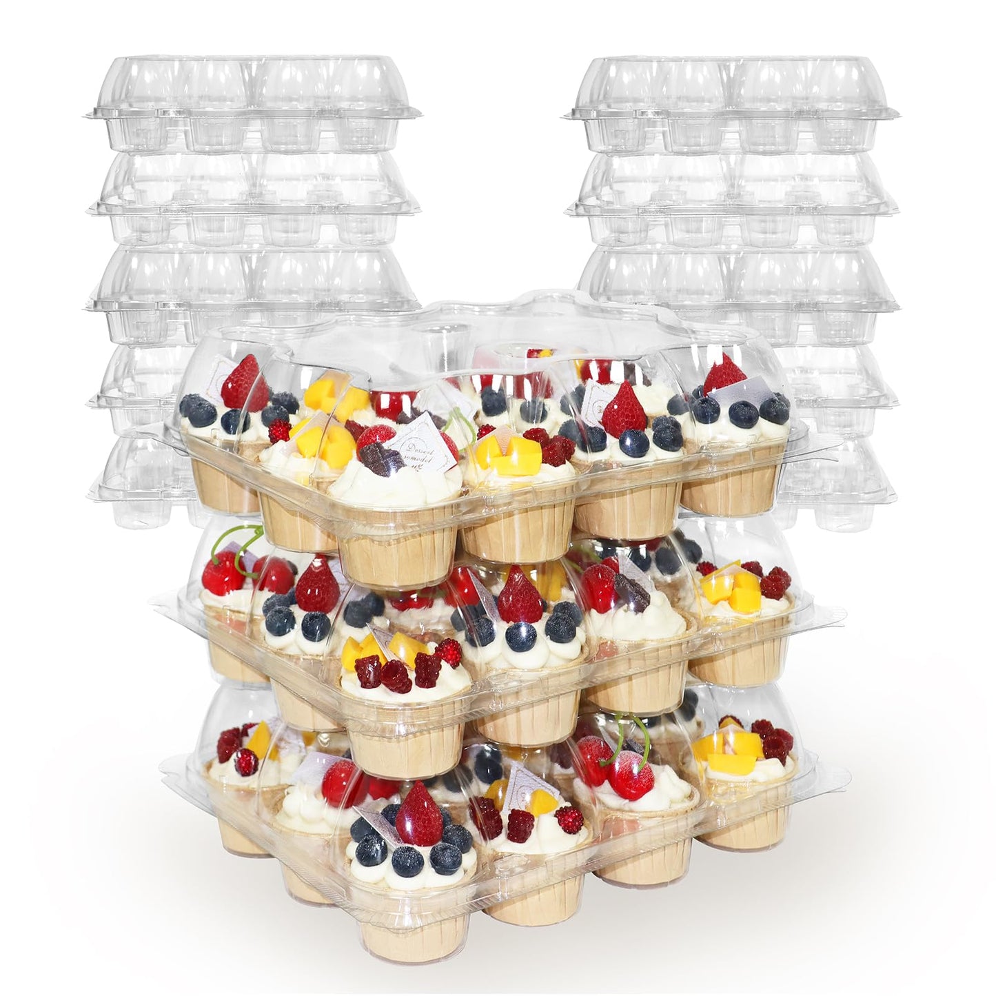 12 Count x 12 Sets Plastic Cupcake Containers, Durable and BPA-Free Cupcake Holder with Lid for Easy Transport Storage, Stackable Clear Cupcake Carriers, Reusable Dessert Boxes