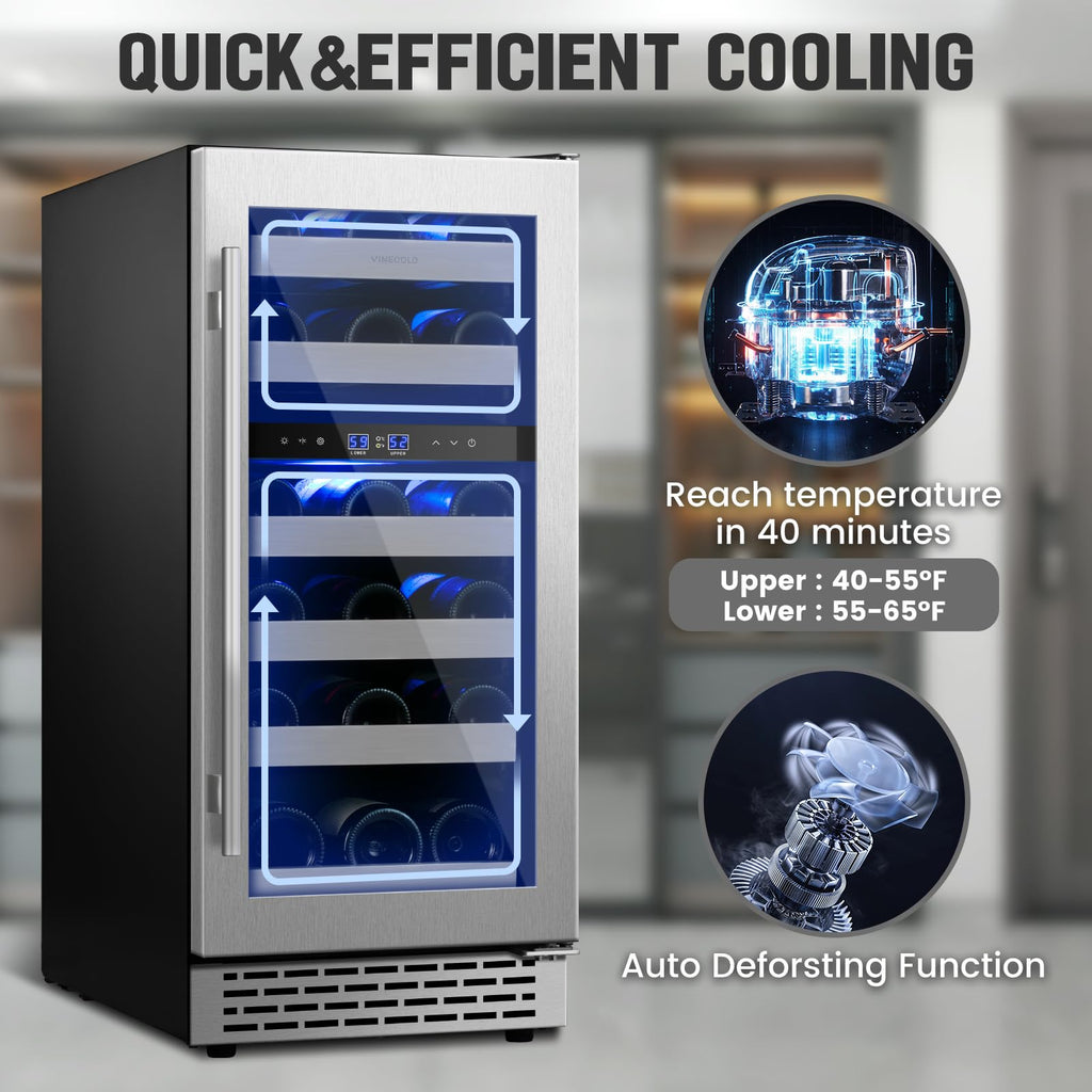 VINECOLD 15 Inch Wine Fridge Under Counter, Dual Zone 28 Bottle Wine Cooler Refrigerator, Seamless Reversible Door,New Upgrade Built-in/Freestanding Wine Cooler for Home and Kitchen