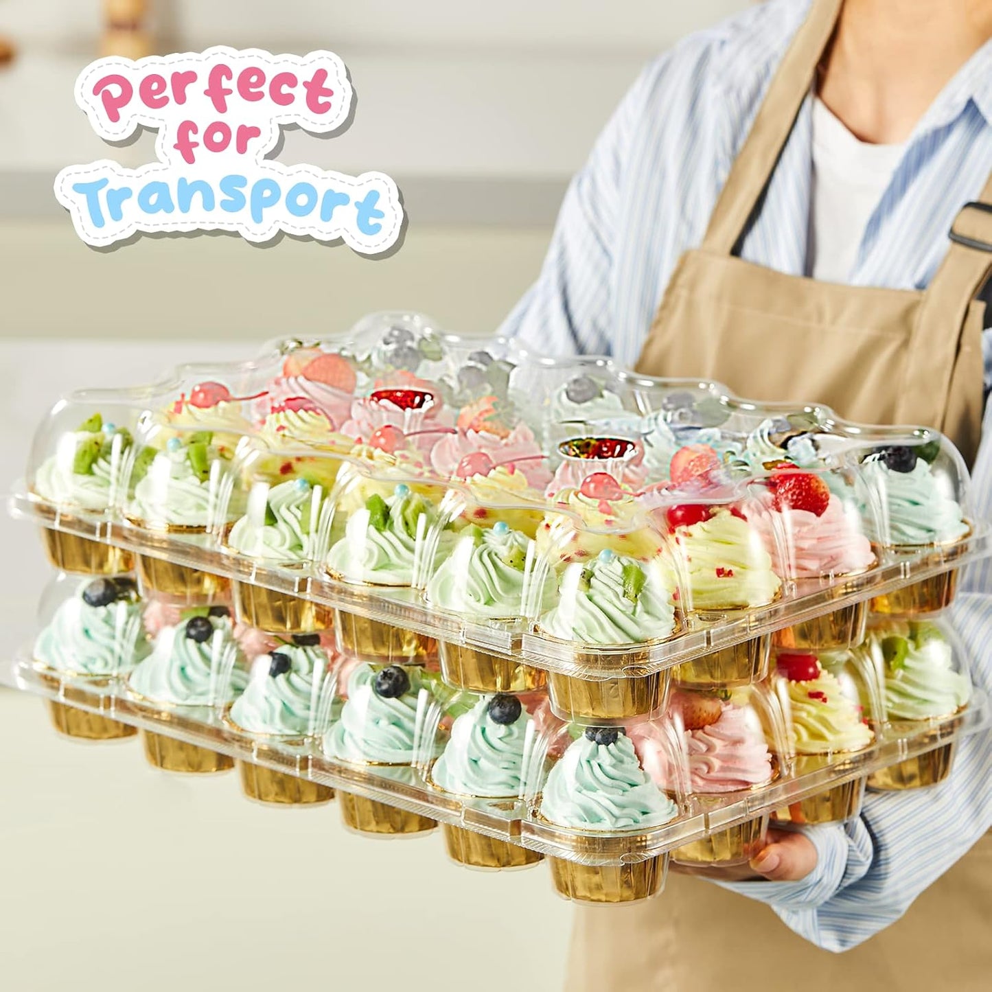 (24 Pack x 10 Sets) Stackable Cupcake Carrier Holders with 240 Pack Cupcake Liners, Plastic Cupcake Boxes Holders for 24 Cupcakes, High Tall Dome Lid Cupcake Containers, Clear Cupcake Trays