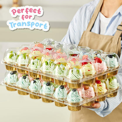 (24 Pack x 10 Sets) Stackable Cupcake Carrier Holders with 240 Pack Cupcake Liners, Plastic Cupcake Boxes Holders for 24 Cupcakes, High Tall Dome Lid Cupcake Containers, Clear Cupcake Trays