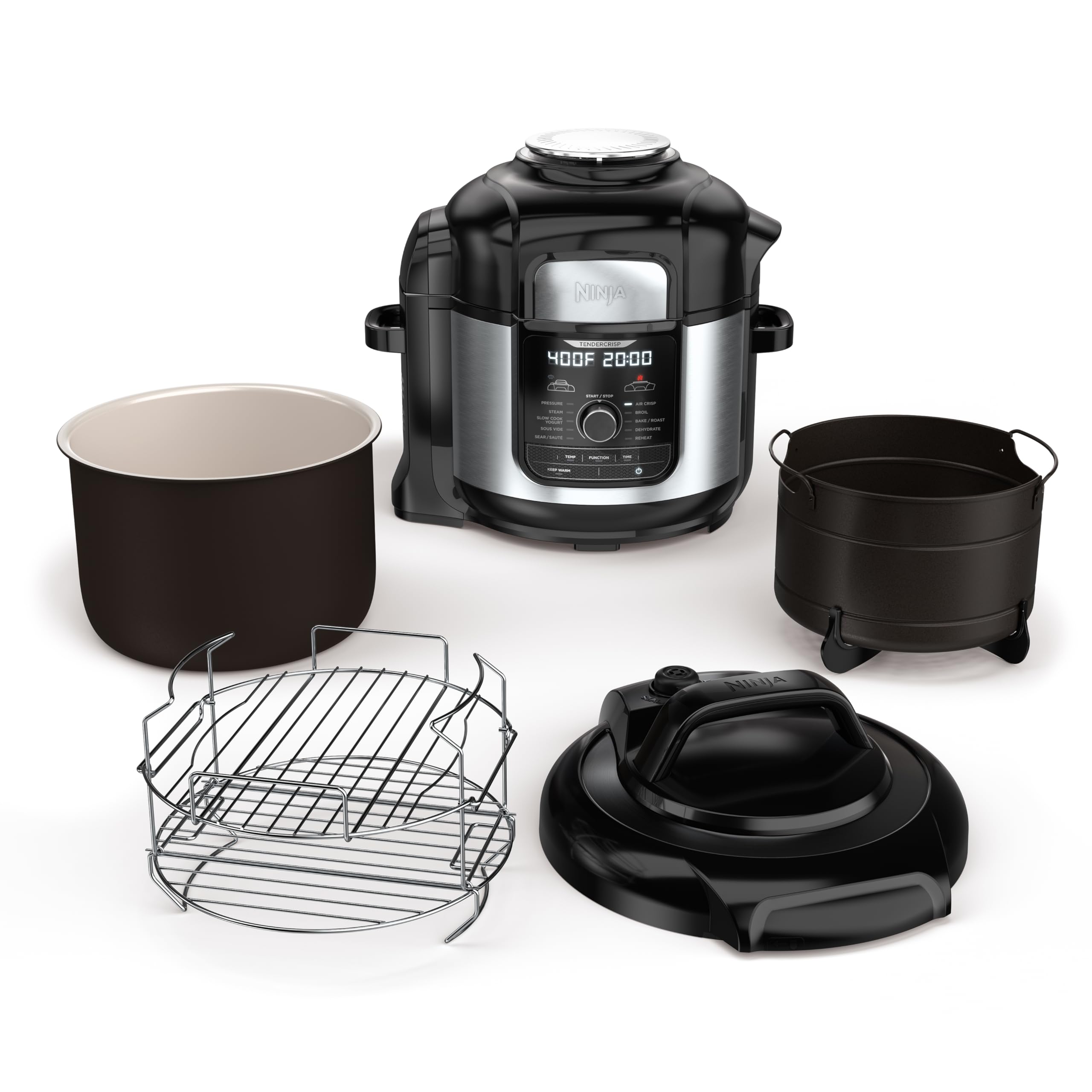 Ninja FD401 LP3 Foodi Deluxe XL 8 qt. Pressure Cooker & Air Fryer with accessories displayed, including a black ceramic-coated pot, a silver stainless steel crisping lid, a black reversible rack, and a recipe book.