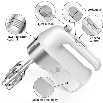 Hand Mixer Electric, 450W Kitchen Mixers with Scale Cup Storage Case, Turbo Boost/Self-Control Speed + 5 Speed + Eject Button + 5 Stainless Steel Accessories, For Easy Whipping Dough,Cream,Cake