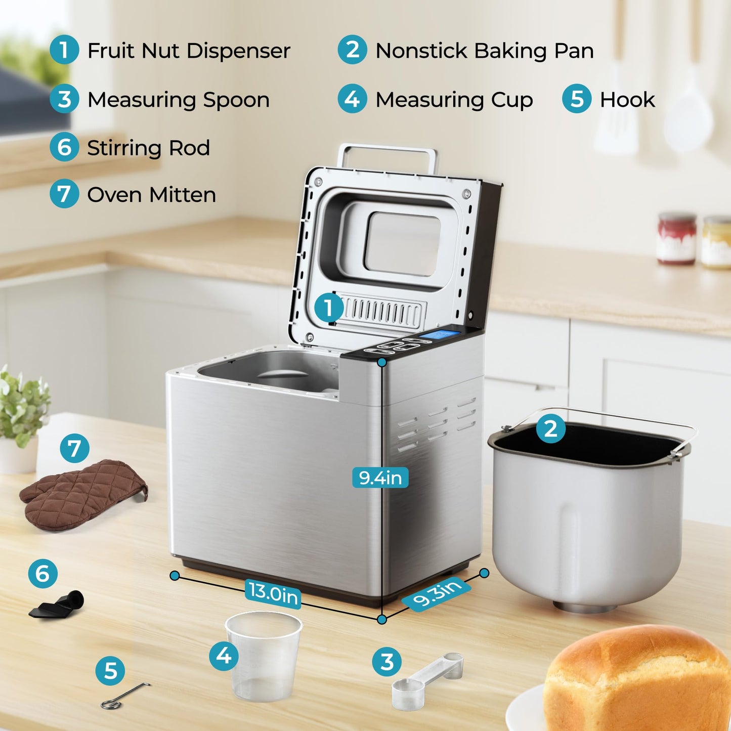 EUHOMY Bread Maker Machine 13 Program 2LB Bread Maker, Bread Machine with 3 Loaf Sizes and 3 Crust Colors, Breadmaker with Fruit & Nut Dispenser,Ideal for Family Gifts, Dough Maker