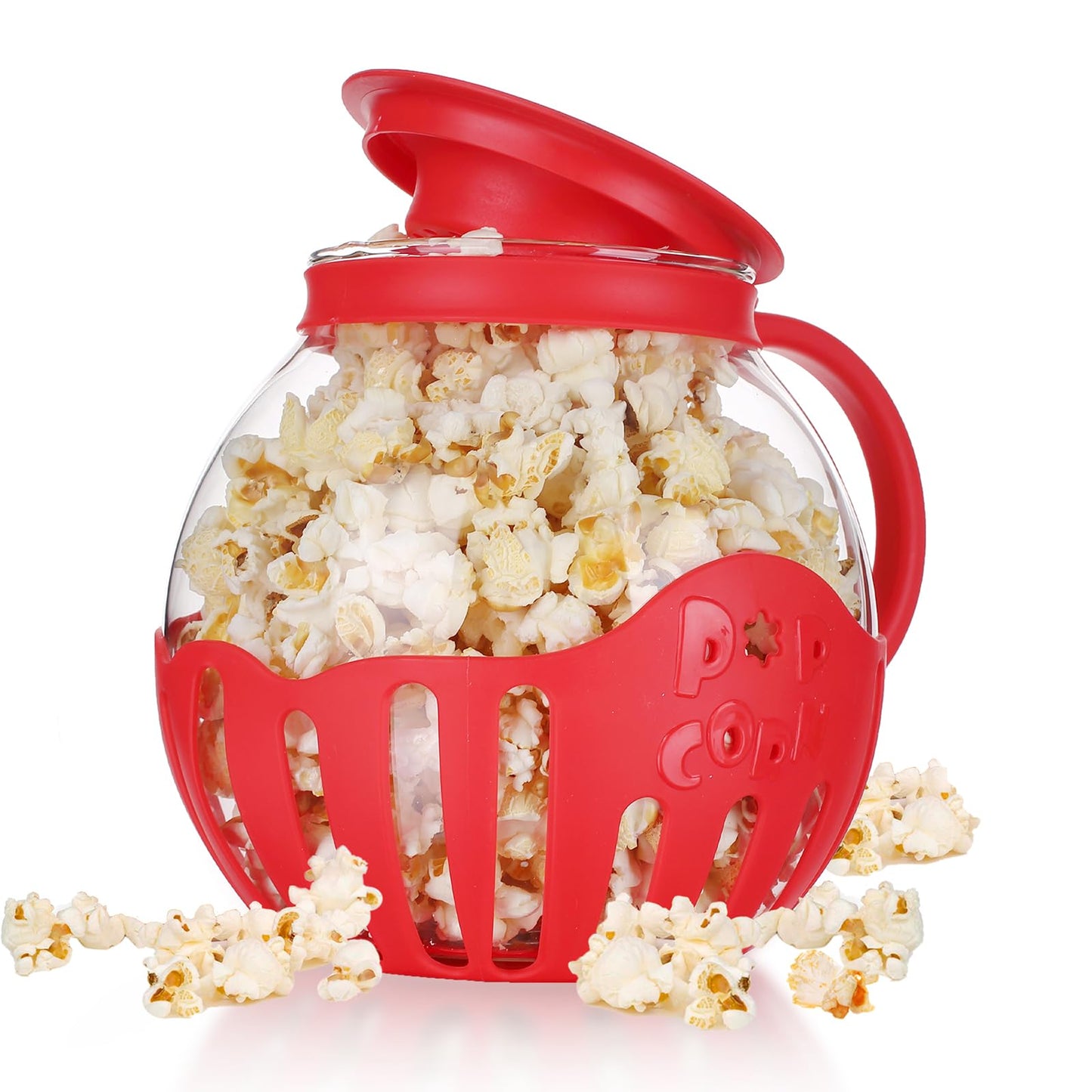 MMUGOOLER Glass Microwave Popcorn Popper, 2.25QT Original Popcorn Jar with Silicone Lid, Without BPA, Dishwasher Safe- Red